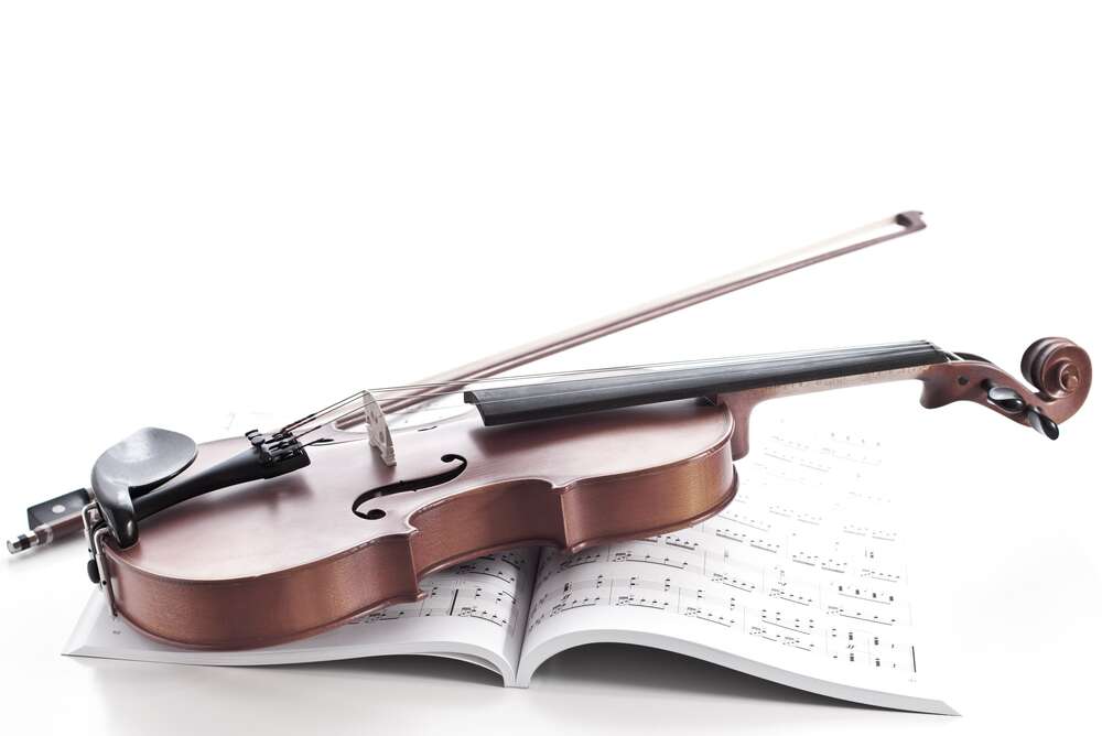 картина-постер Смычок и скрипка лежат на книге с нотами