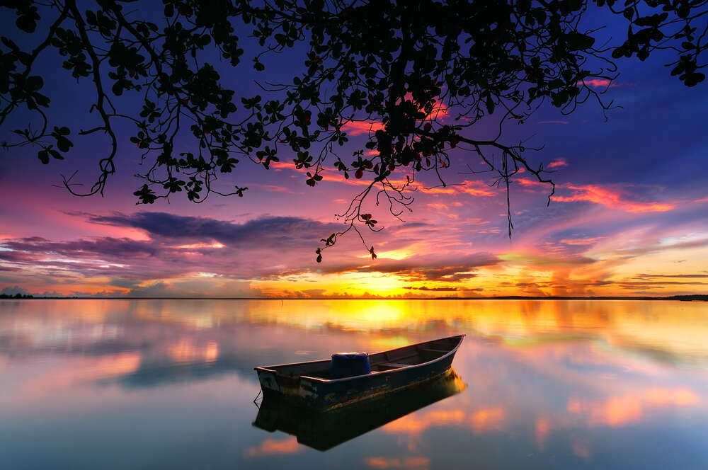 картина-постер Вечер у одинокой лодки на озере