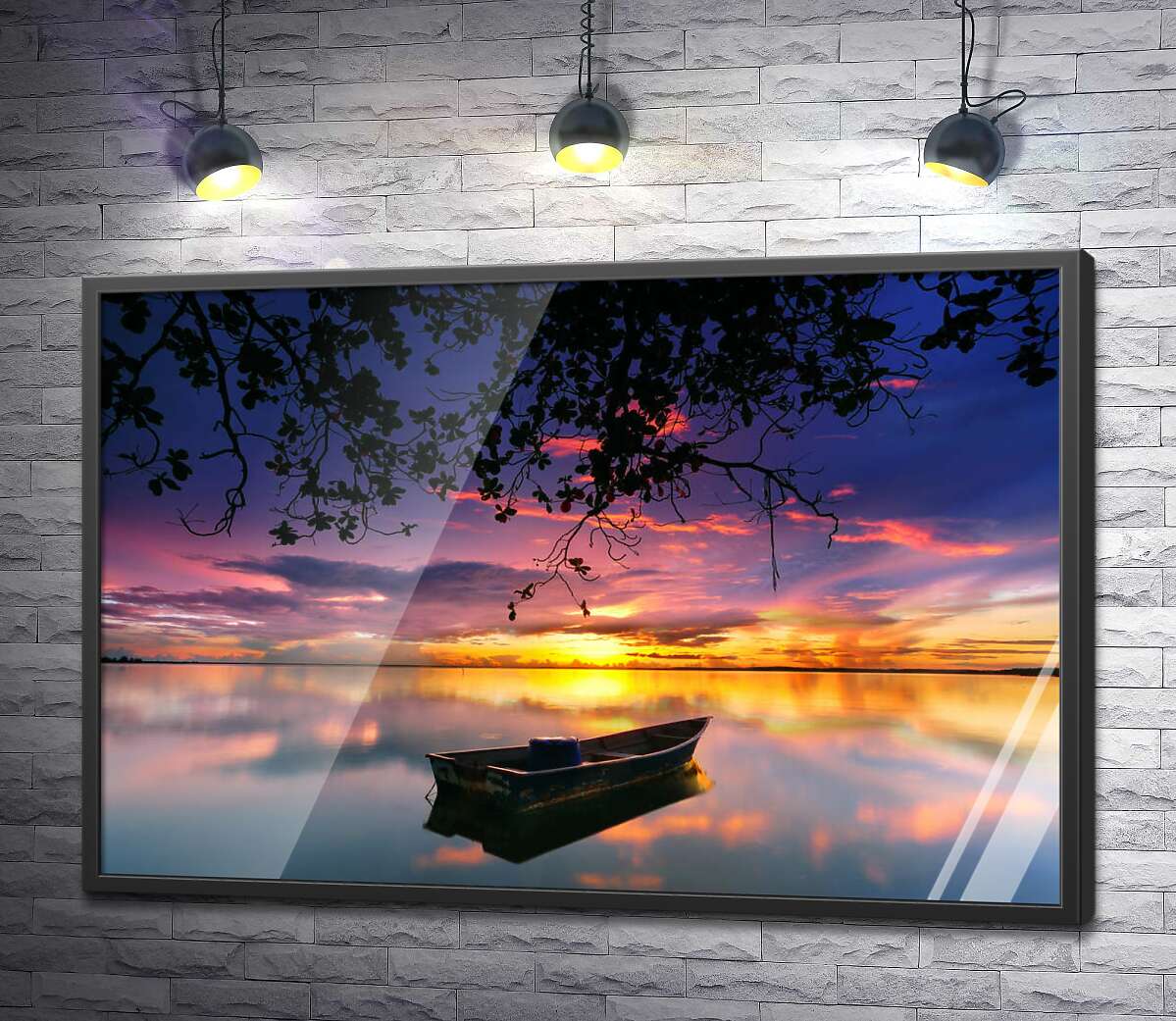 постер Вечер у одинокой лодки на озере