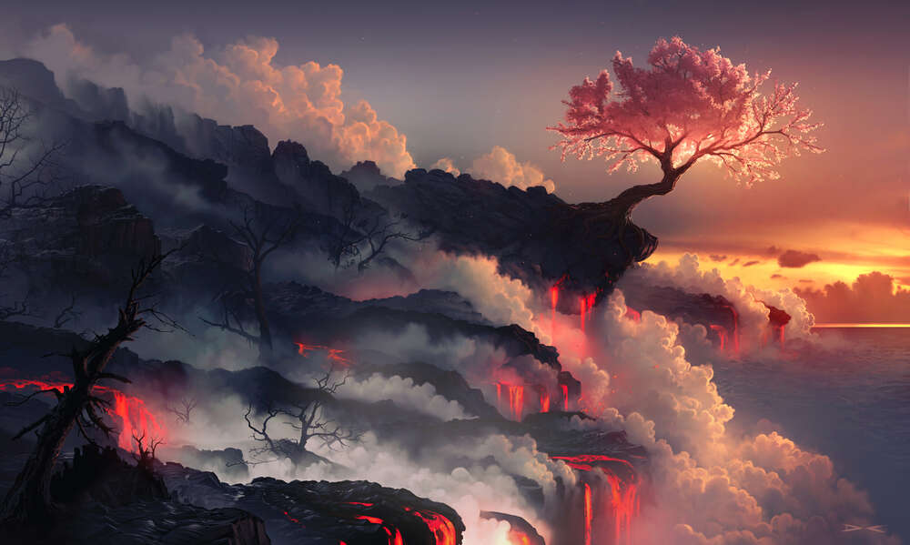 картина-постер Цветущее дерево на краю скалы с потоками лавы