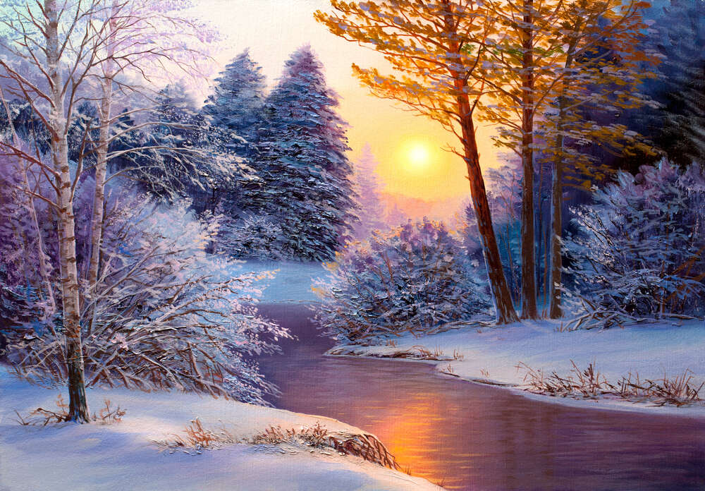 картина-постер Рожевий світанок біля зимового струмка в лісі
