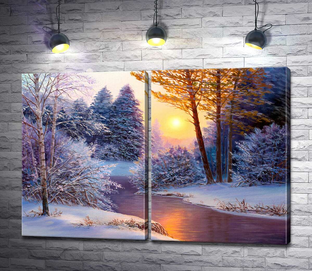 модульна картина Рожевий світанок біля зимового струмка в лісі