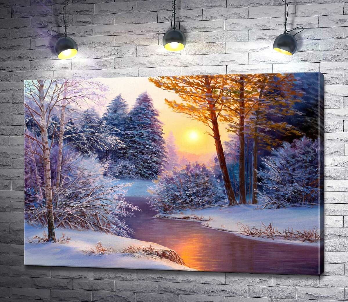 картина Розовый рассвет у зимнего ручья в лесу