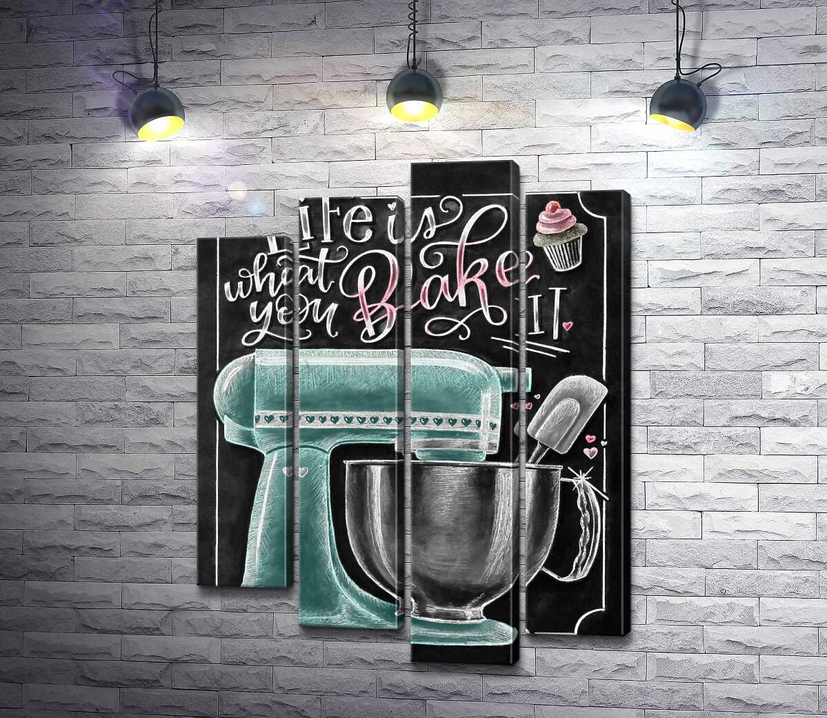 модульная картина Кухонный комбайн и мотивационная фраза "Life is what you bake it" (Модуль №3)