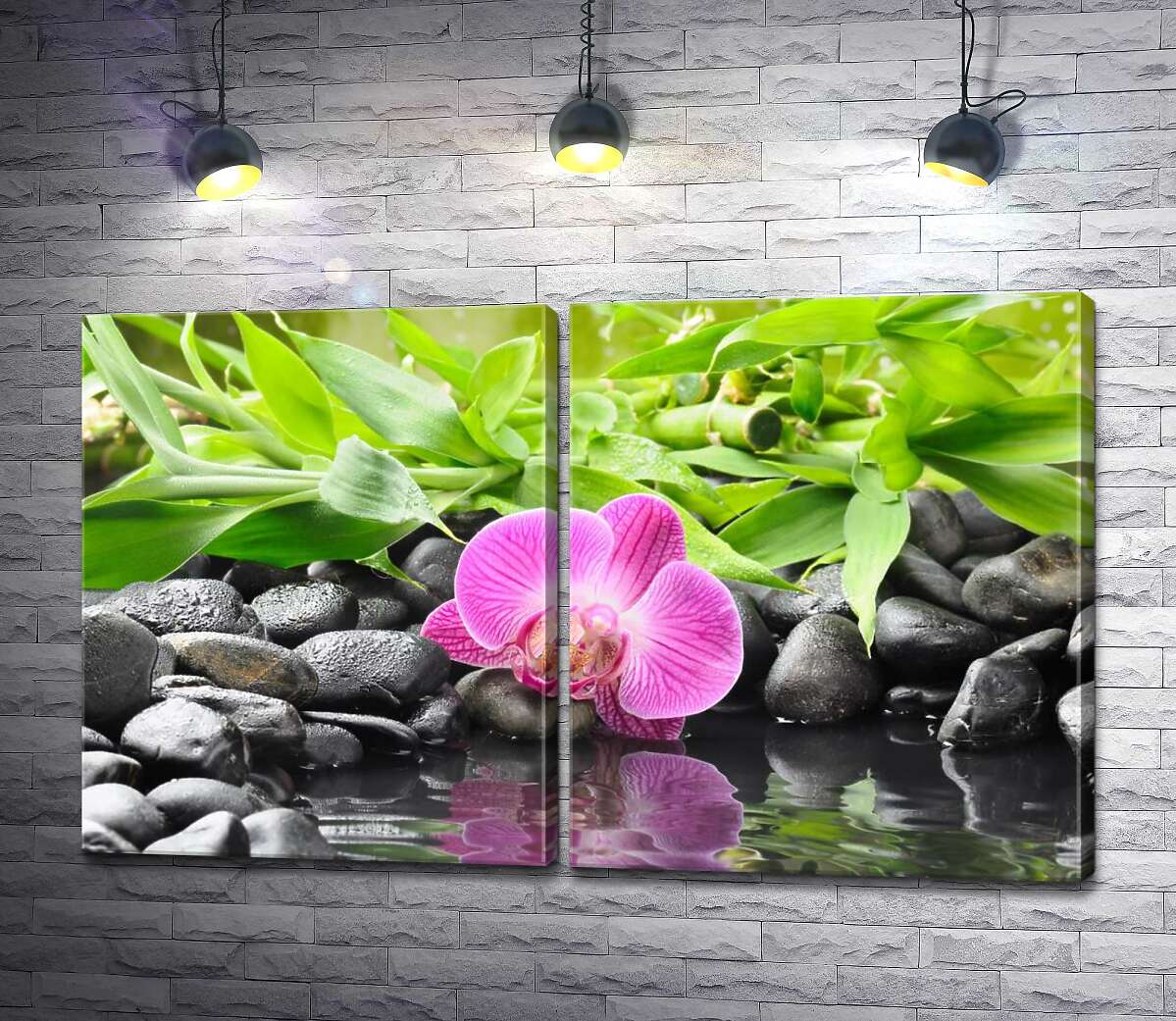 модульна картина Релакс біля води з кам'янистим берегом, орхідеєю та бамбуком
