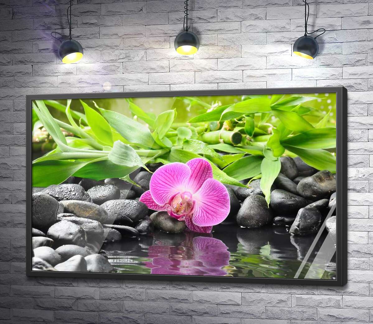 постер Релакс біля води з кам'янистим берегом, орхідеєю та бамбуком