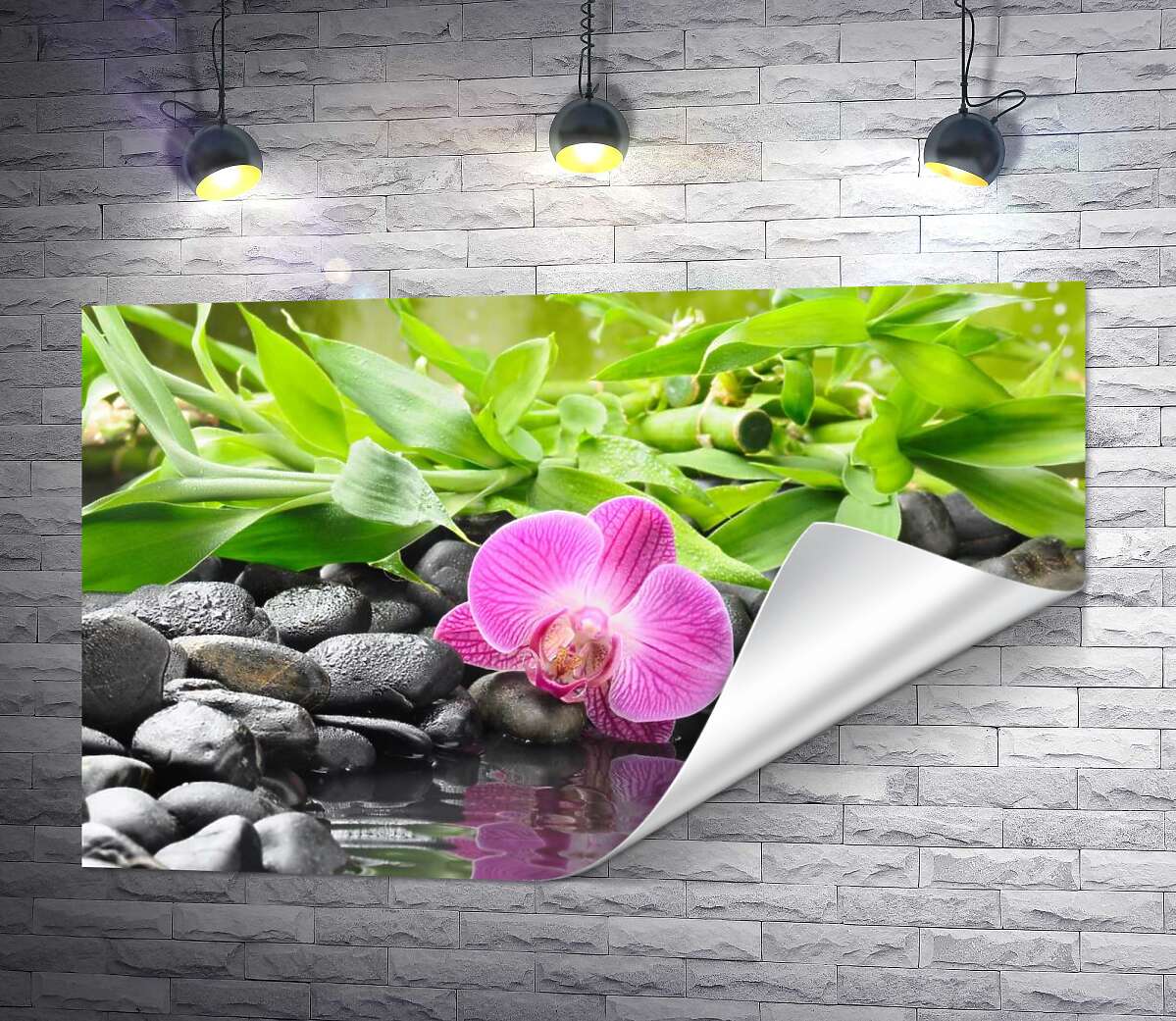 печать Релакс у воды с каменистым берегом, орхидеей и бамбуком