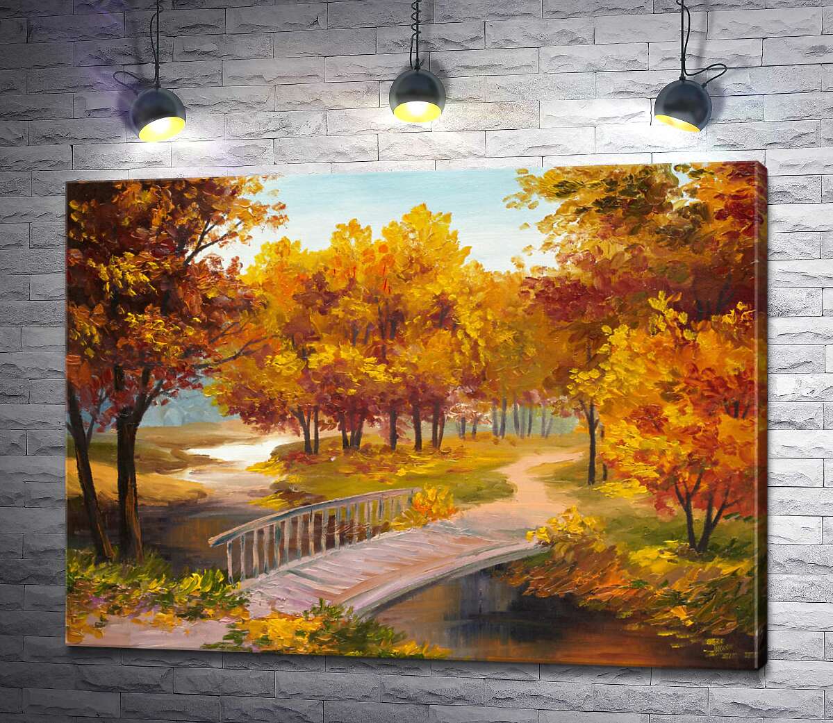 картина Тихий ручей пересекается мостом в золотом осеннем парке