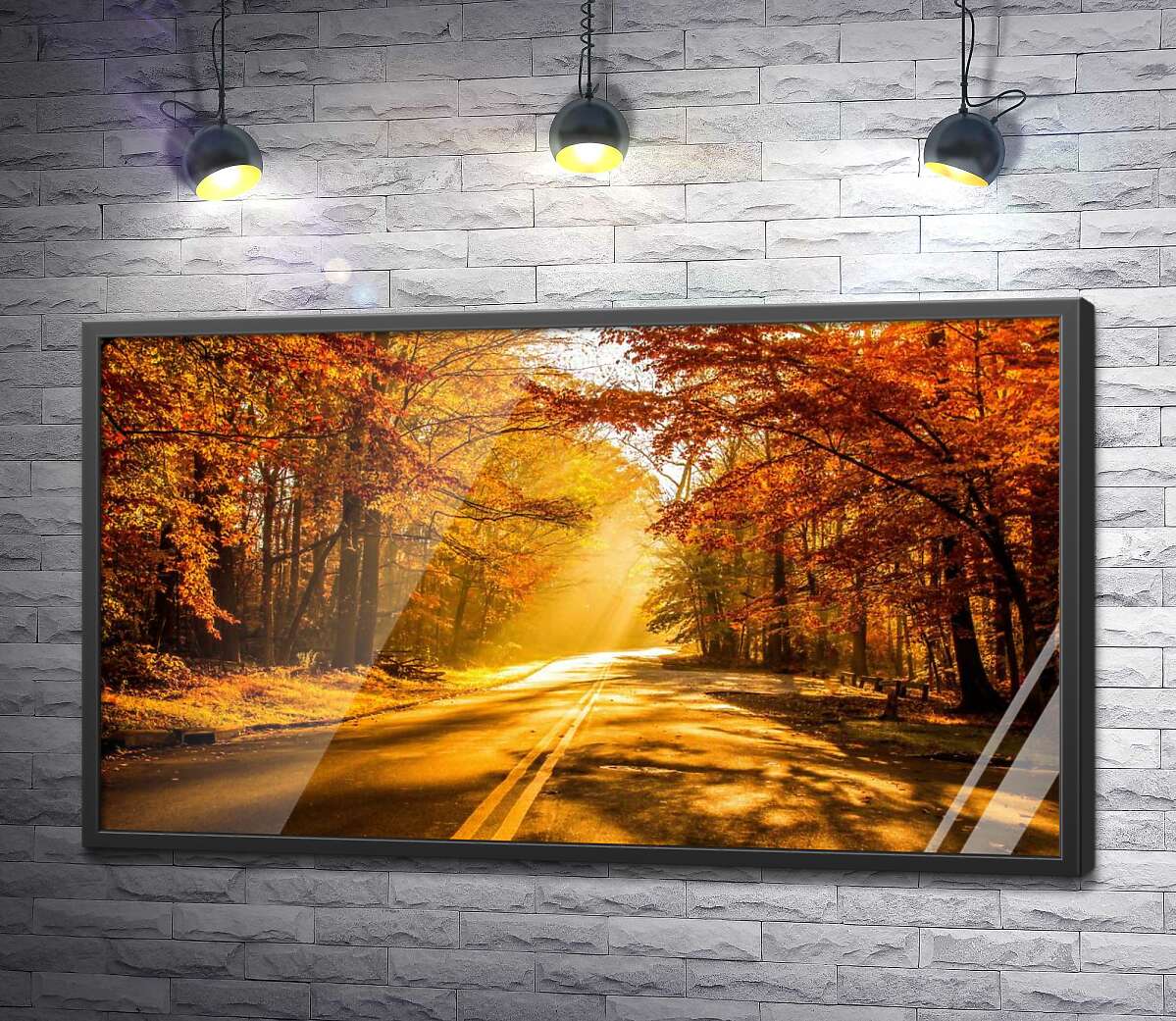 постер Сонячне проміння пробивається ниточками крізь осіннє листя на дорогу