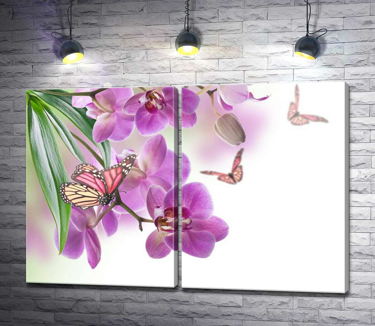 модульна картина Бузкові орхідеї в оточенні ажурних силуетів метеликів