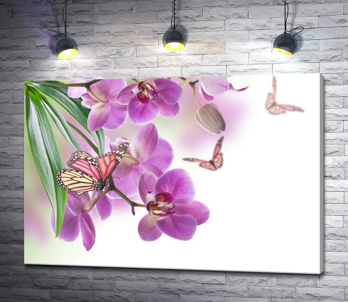 картина Бузкові орхідеї в оточенні ажурних силуетів метеликів