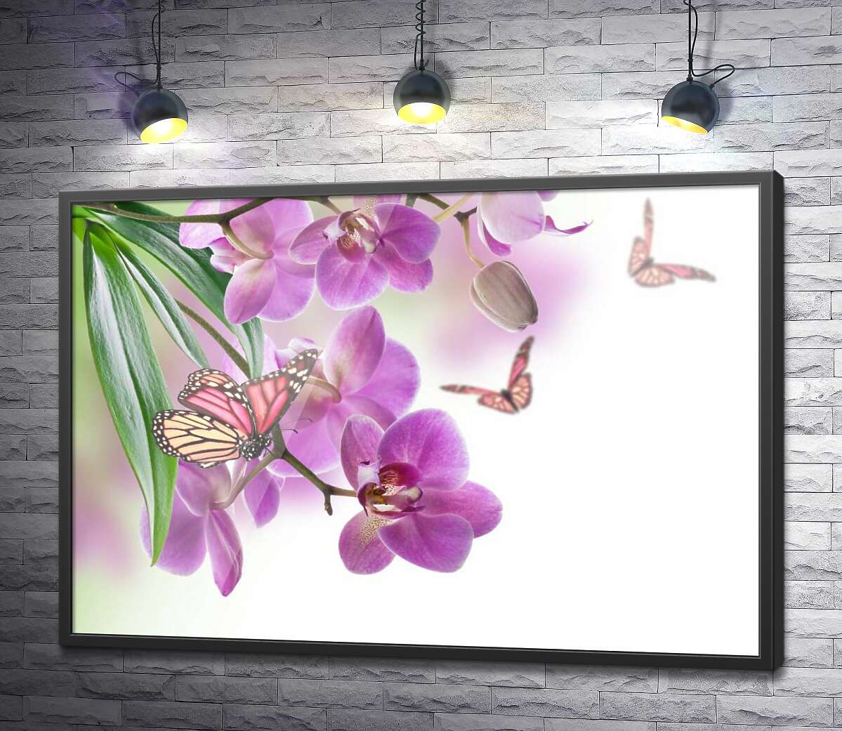 постер Сиреневые орхидеи в окружении ажурных силуэтов бабочек