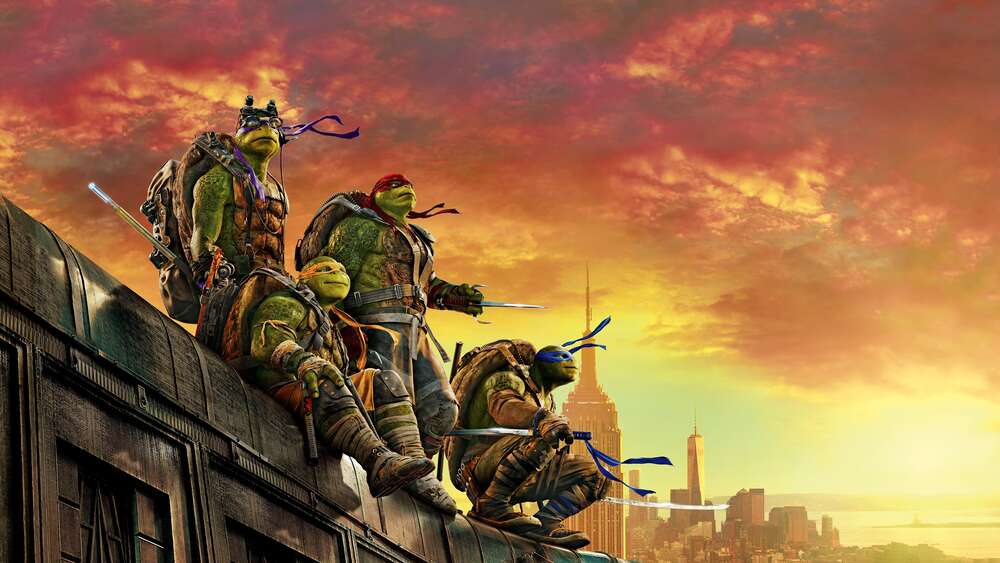 картина-постер Черепашки-ниндзя (Teenage Mutant Ninja Turtles) смотрят на вечерний город с крыши поезда