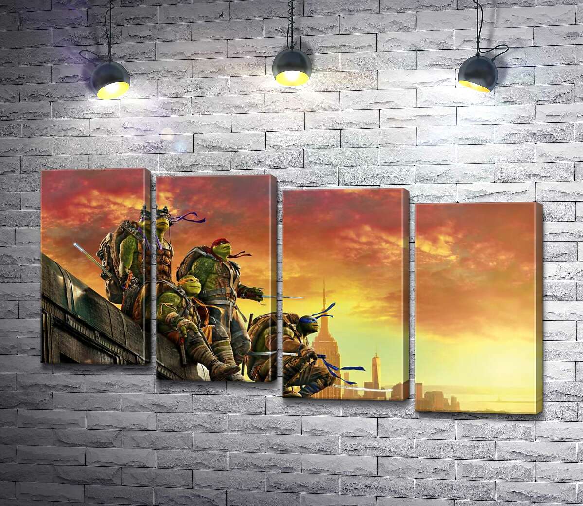 модульная картина Черепашки-ниндзя (Teenage Mutant Ninja Turtles) смотрят на вечерний город с крыши поезда (Модуль №19)