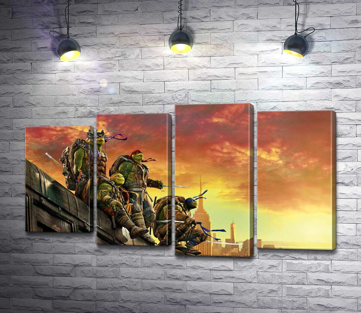 модульна картина Черепашки-ніндзя (Teenage Mutant Ninja Turtles) дивляться на вечірнє місто з даху поїзда (Модуль №3)