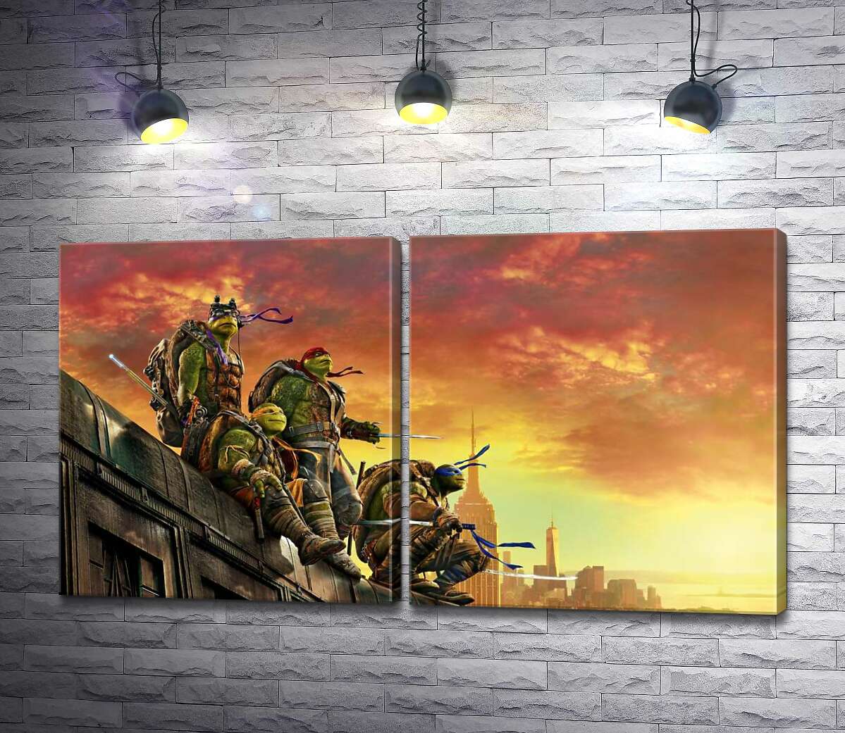 модульная картина Черепашки-ниндзя (Teenage Mutant Ninja Turtles) смотрят на вечерний город с крыши поезда