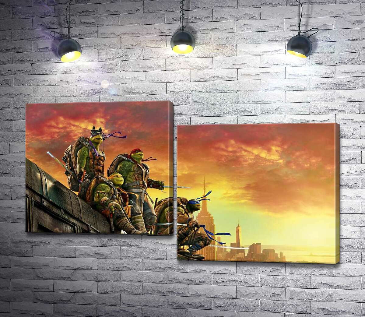 модульна картина Черепашки-ніндзя (Teenage Mutant Ninja Turtles) дивляться на вечірнє місто з даху поїзда (Модуль №9)