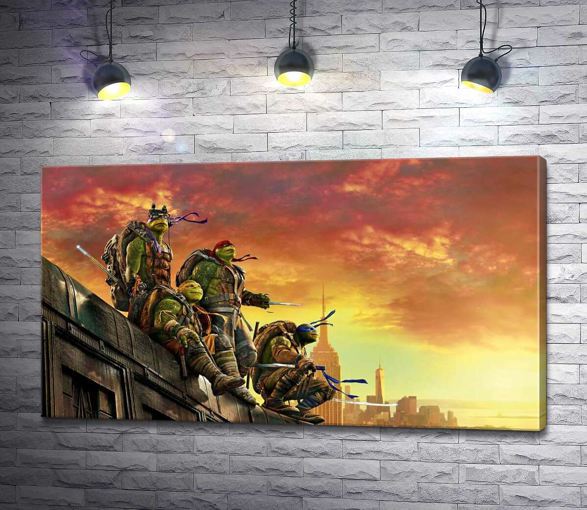 картина Черепашки-ниндзя (Teenage Mutant Ninja Turtles) смотрят на вечерний город с крыши поезда