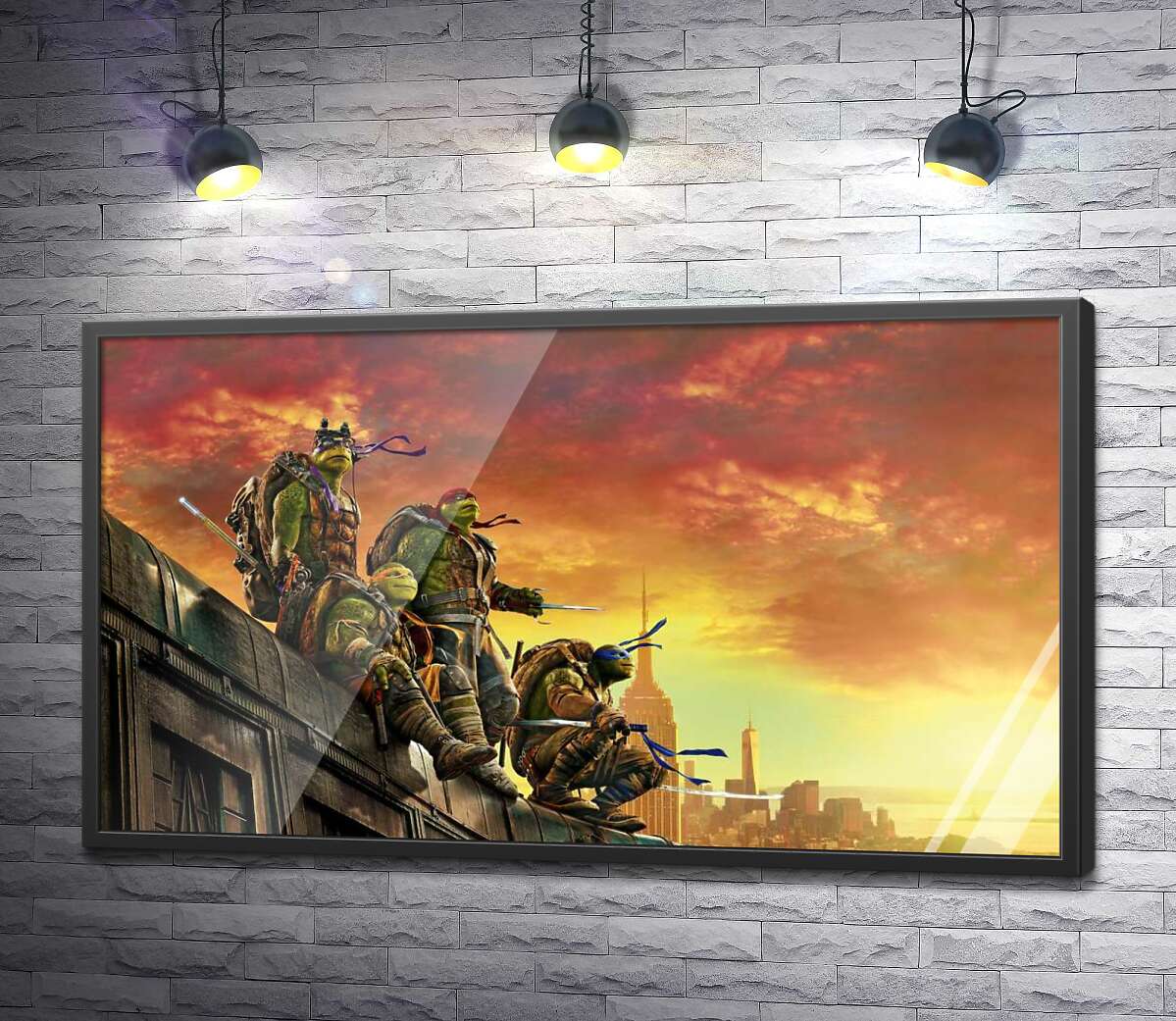 постер Черепашки-ниндзя (Teenage Mutant Ninja Turtles) смотрят на вечерний город с крыши поезда