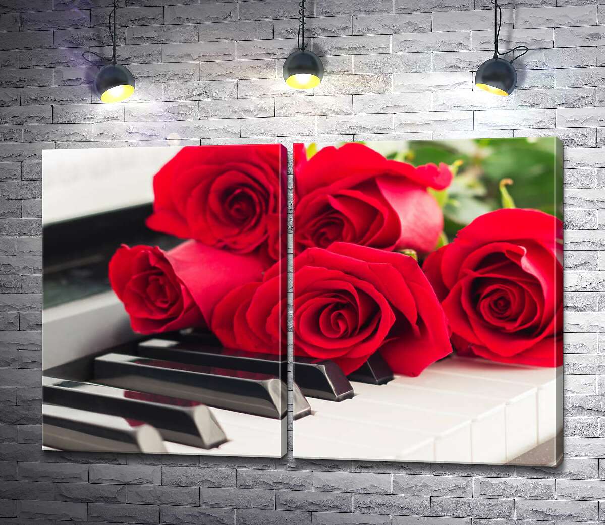 модульная картина Нежные лепестки роз касаются мелодичных клавиш белого фортепиано