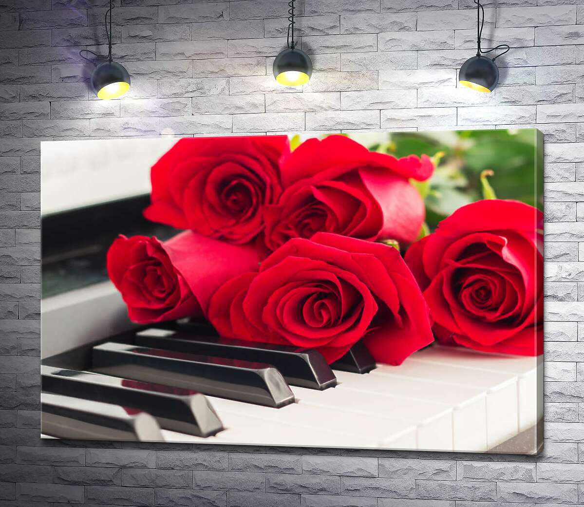 картина Нежные лепестки роз касаются мелодичных клавиш белого фортепиано