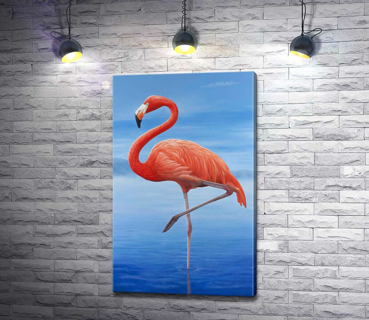 картина Розовый фламинго стоит на одной ноге в голубой воде