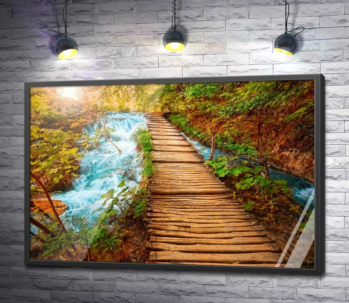 постер Деревянный мостик тянется над бурным водопадом