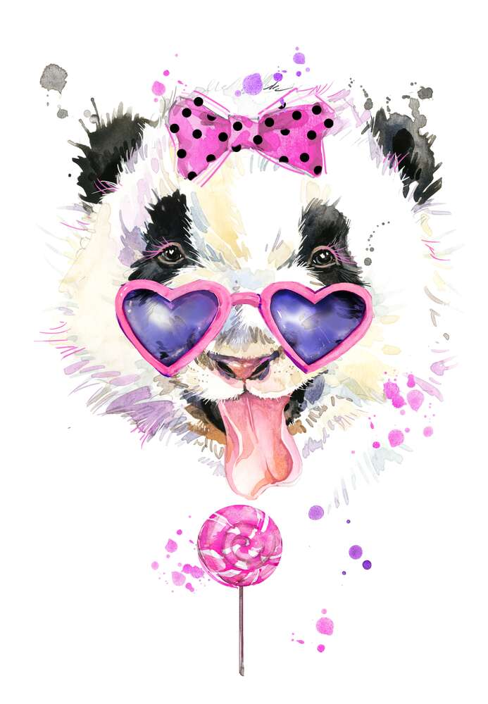 картина-постер Гламурная панда в очках облизывает розовый леденец