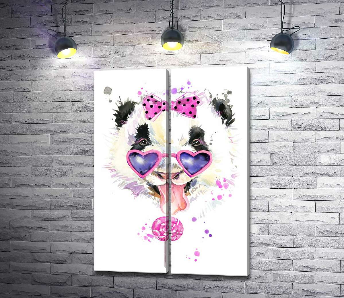 модульная картина Гламурная панда в очках облизывает розовый леденец