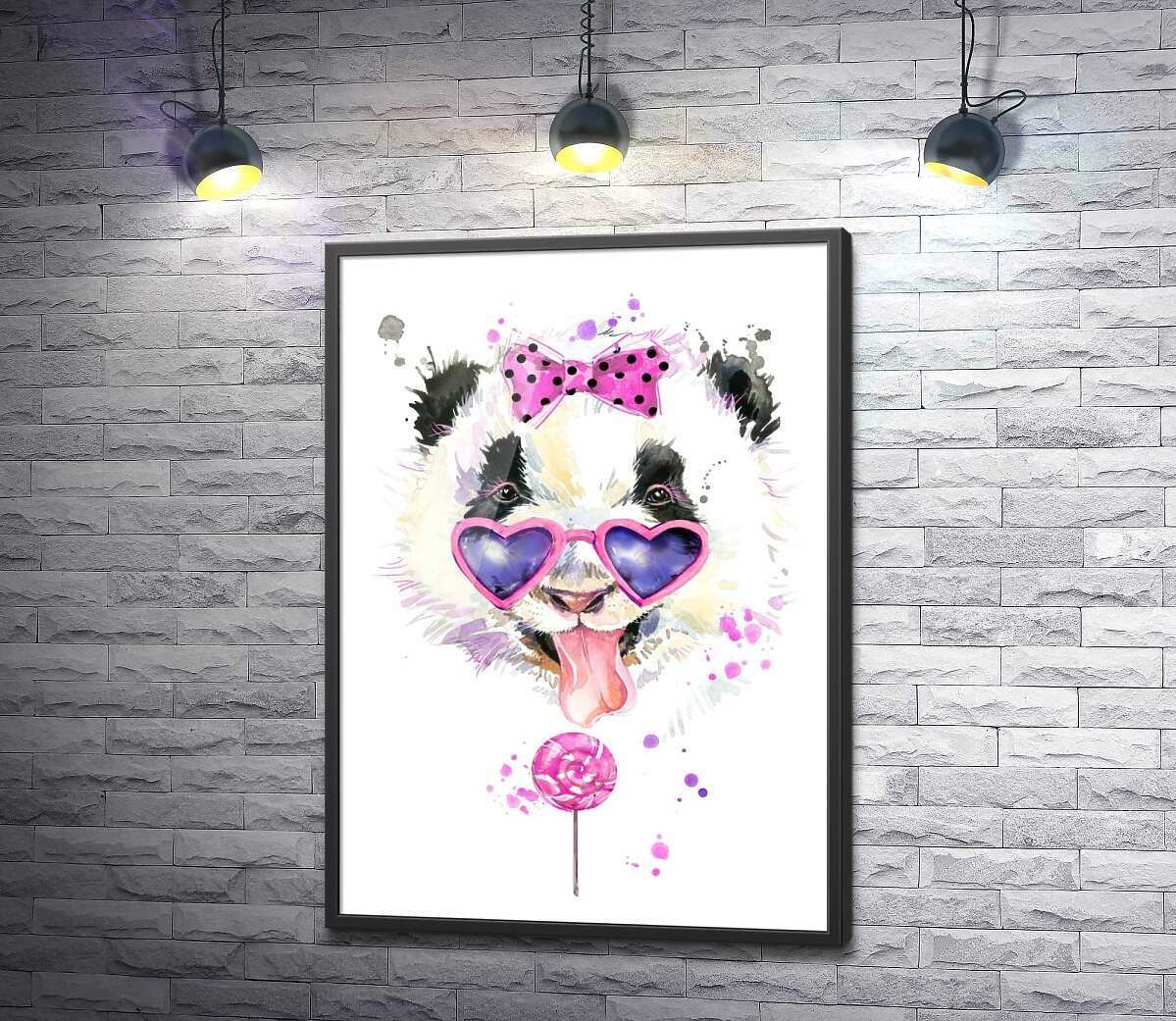 постер Гламурная панда в очках облизывает розовый леденец