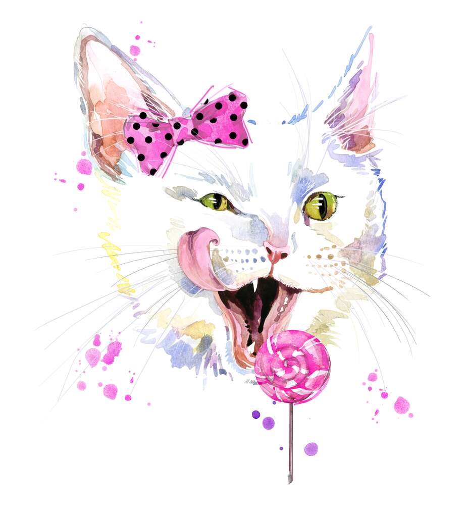 картина-постер Біла кішка з рожевим льодяником