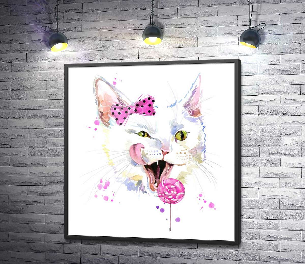 постер Белая кошка с розовым леденцом