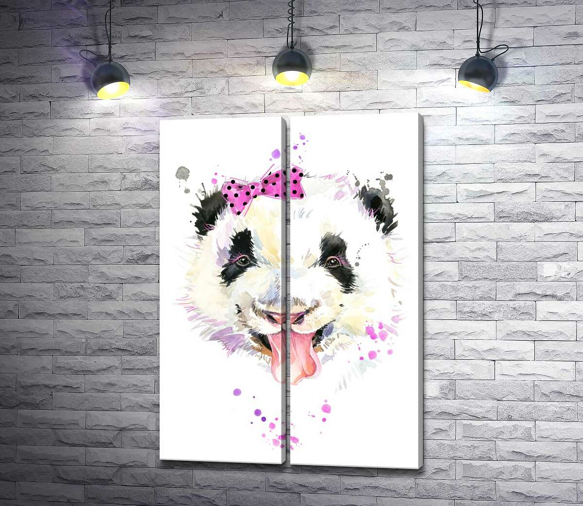 модульная картина Панда с розовым бантиком показывает язык