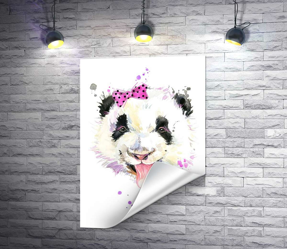 печать Панда с розовым бантиком показывает язык