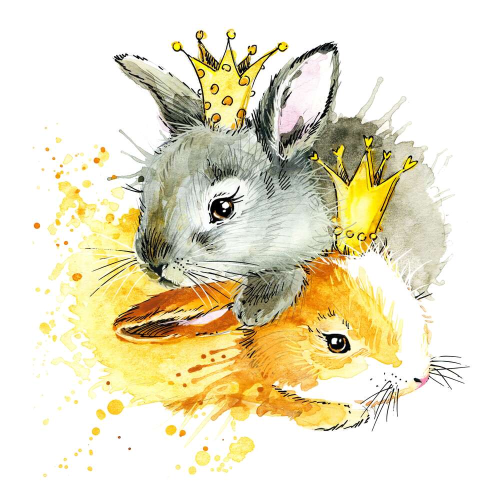 картина-постер Маленькие принцессы: серый и рыжий зайчата