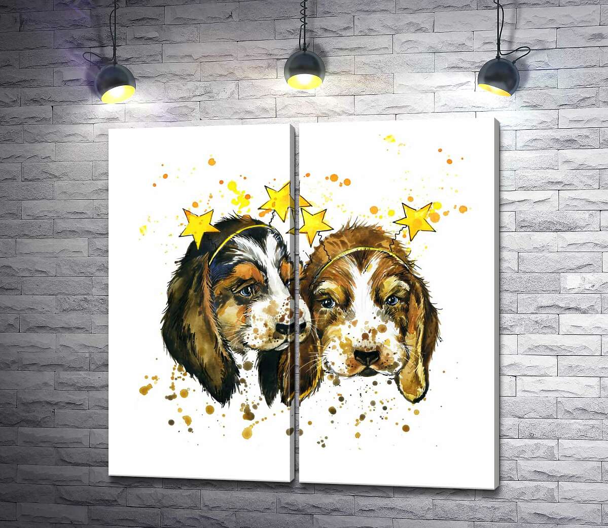 модульная картина Двое щенков биглей в обручах-звездочках