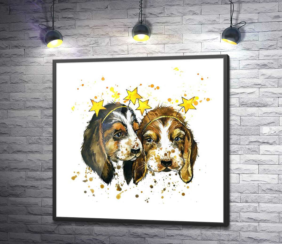 постер Двое щенков биглей в обручах-звездочках