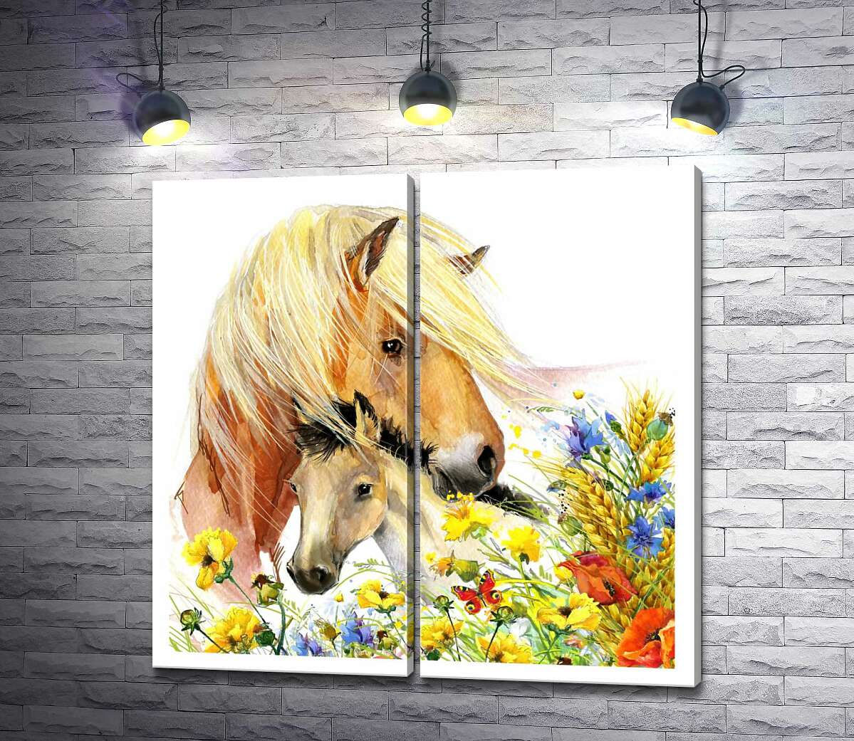 модульная картина Белогривая лошадь и жеребенок среди цветущего поля