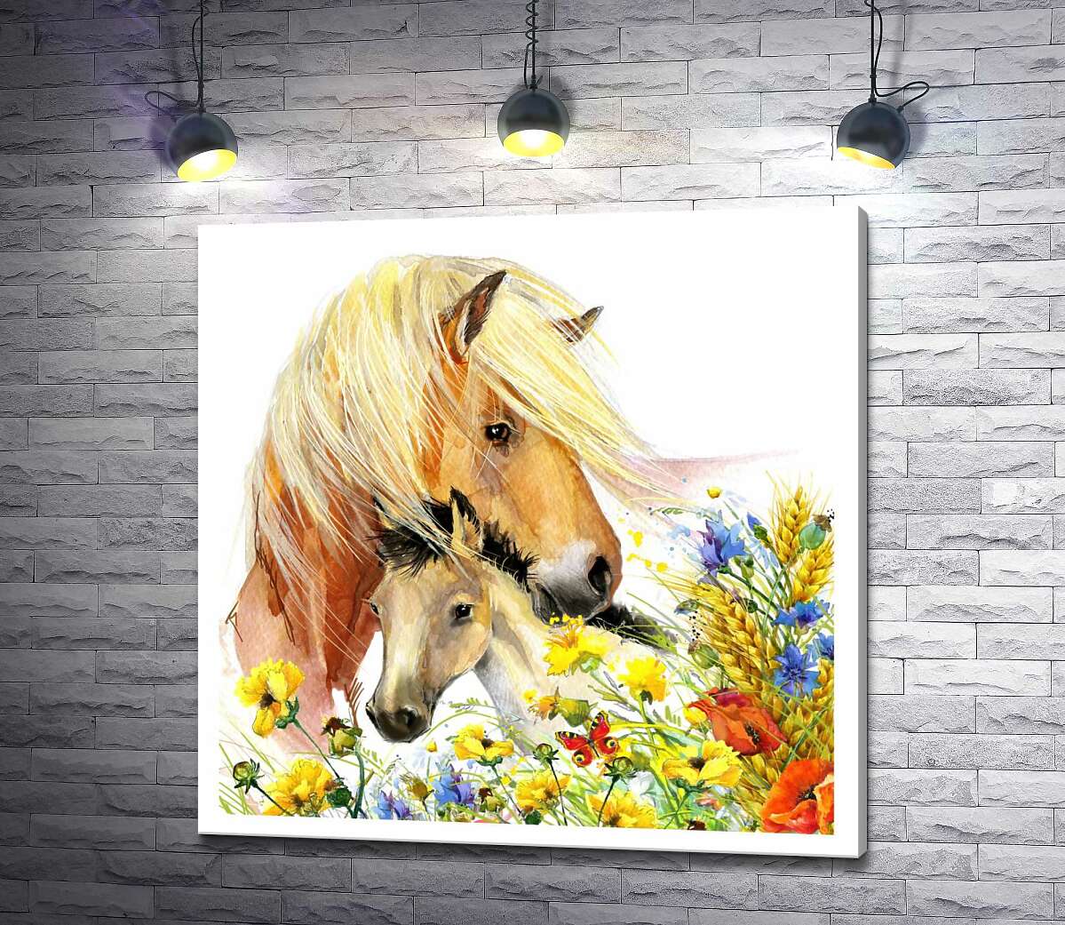 картина Белогривая лошадь и жеребенок среди цветущего поля