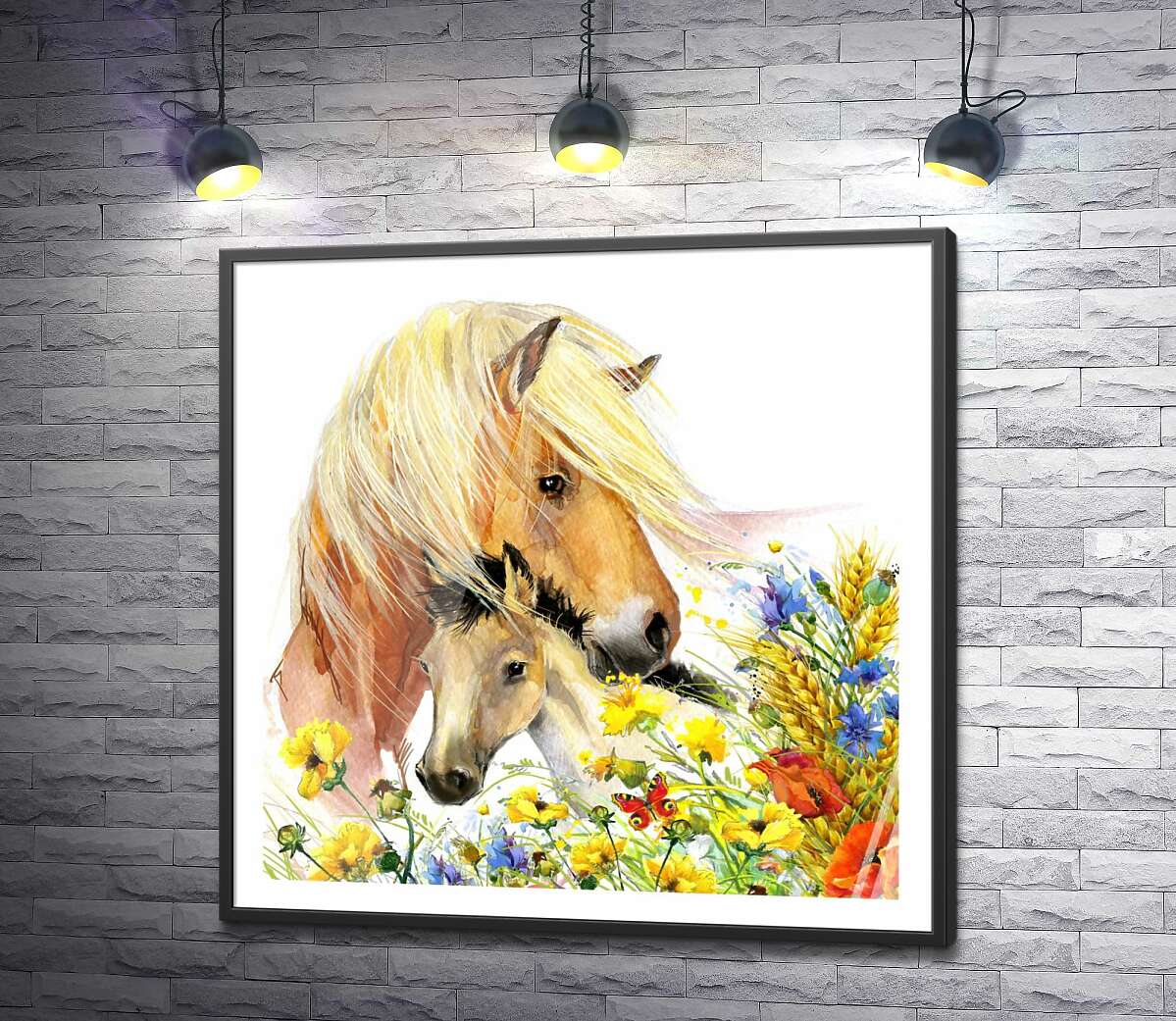 постер Белогривая лошадь и жеребенок среди цветущего поля