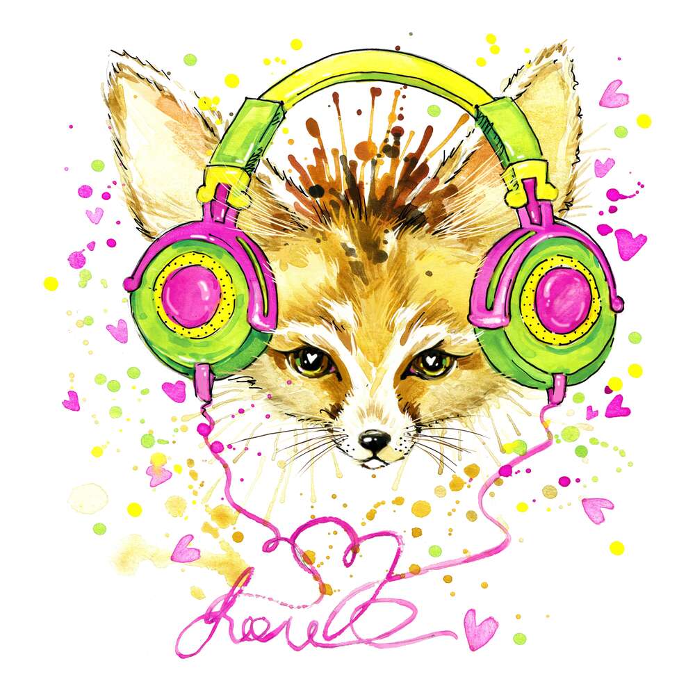 картина-постер Лисиця фенек слухає музику в кольорових навушниках
