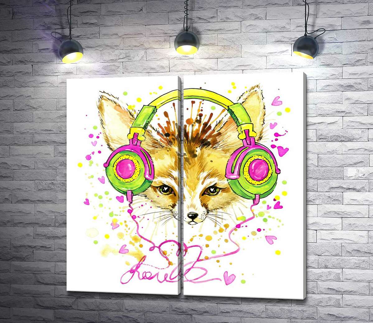 модульна картина Лисиця фенек слухає музику в кольорових навушниках