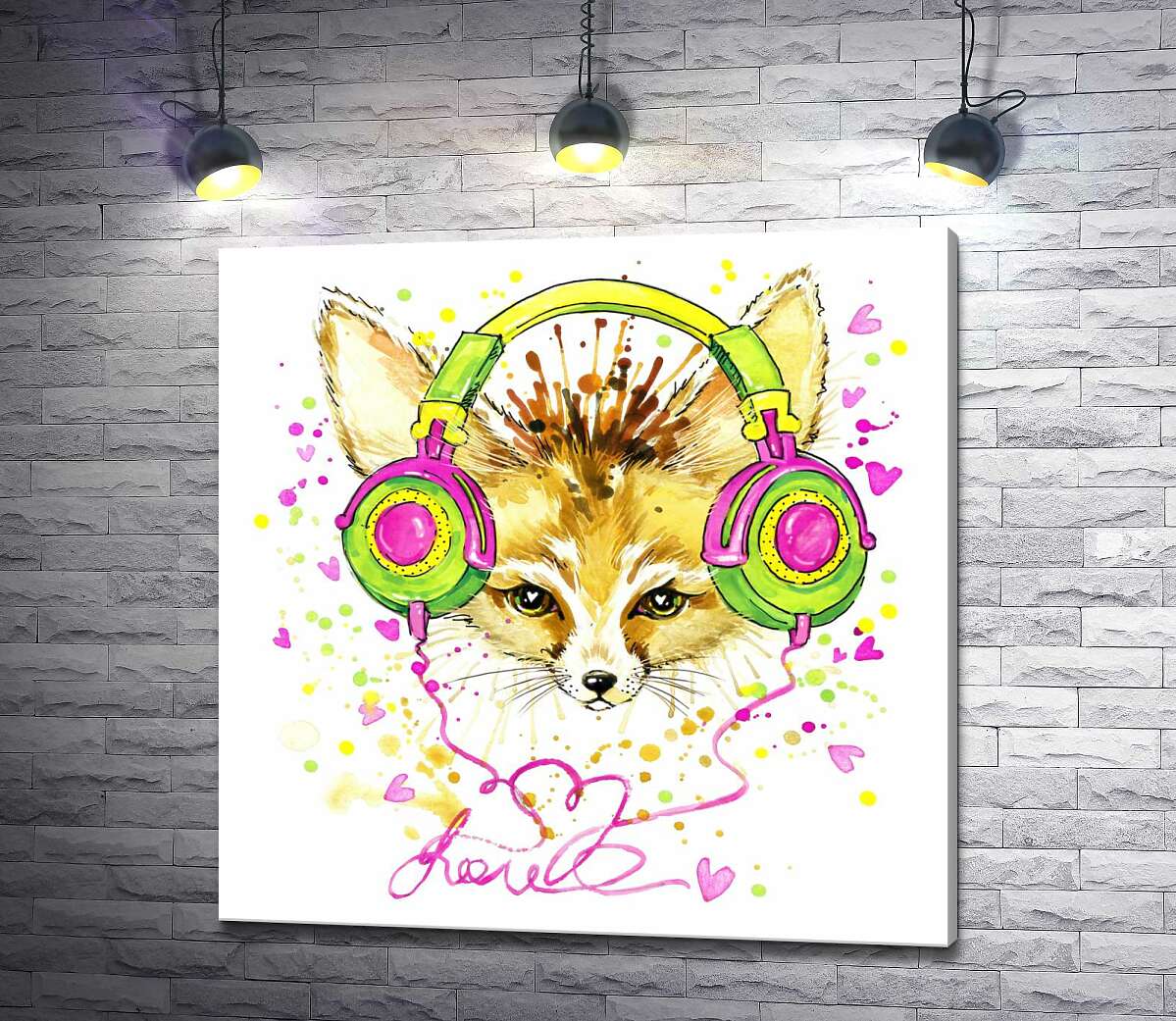 картина Лисиця фенек слухає музику в кольорових навушниках