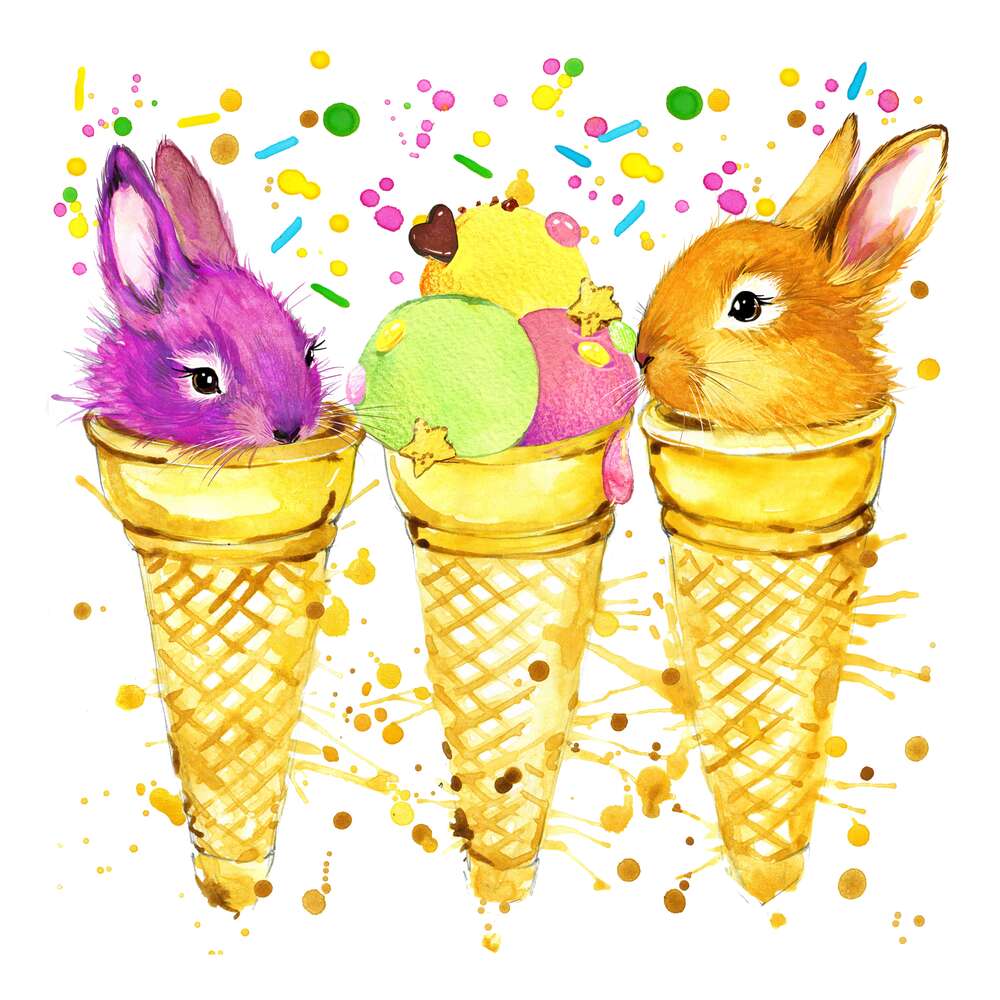 картина-постер Цветные головки зайчиков выглядывают из конусов мороженого