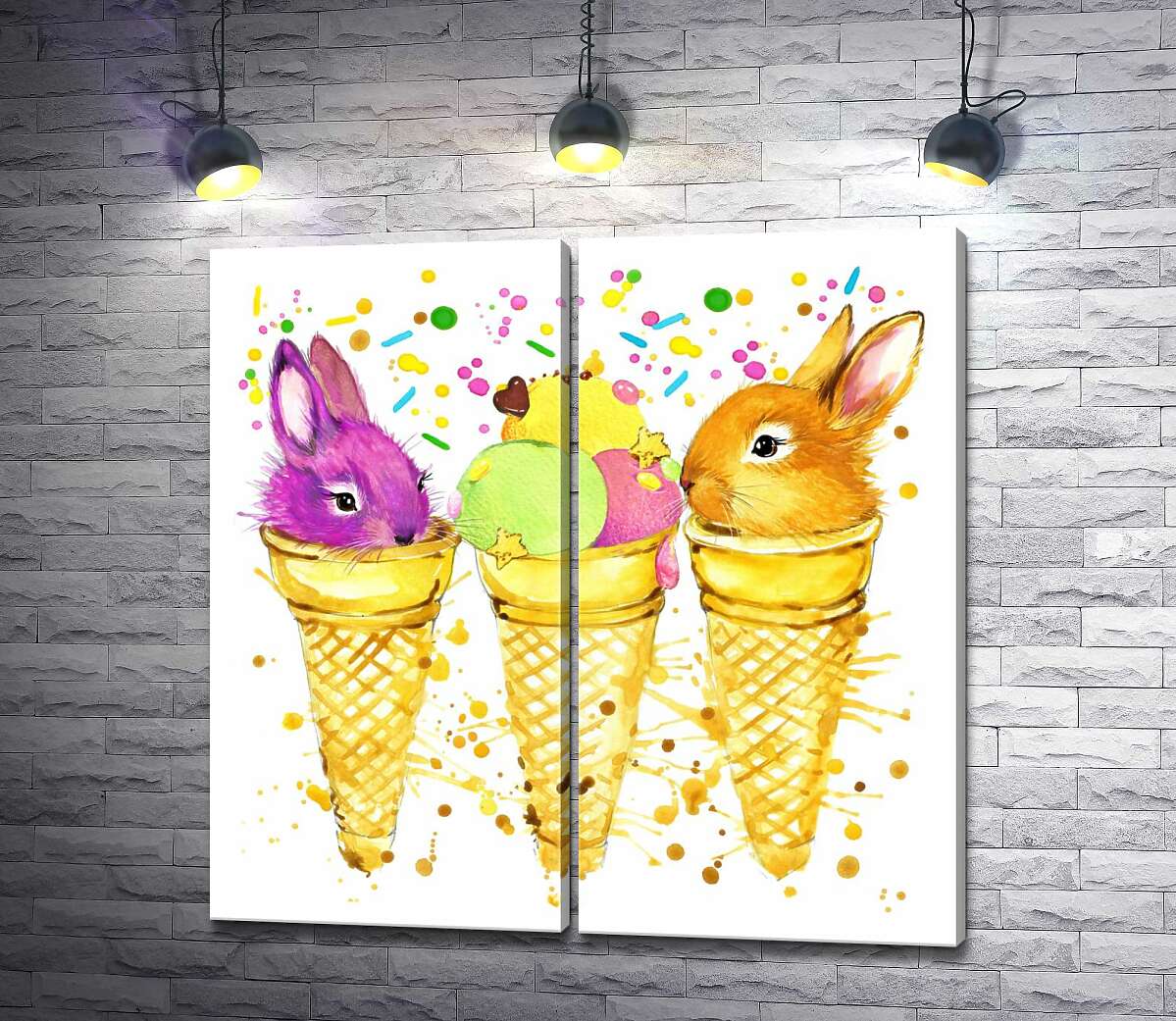 модульная картина Цветные головки зайчиков выглядывают из конусов мороженого