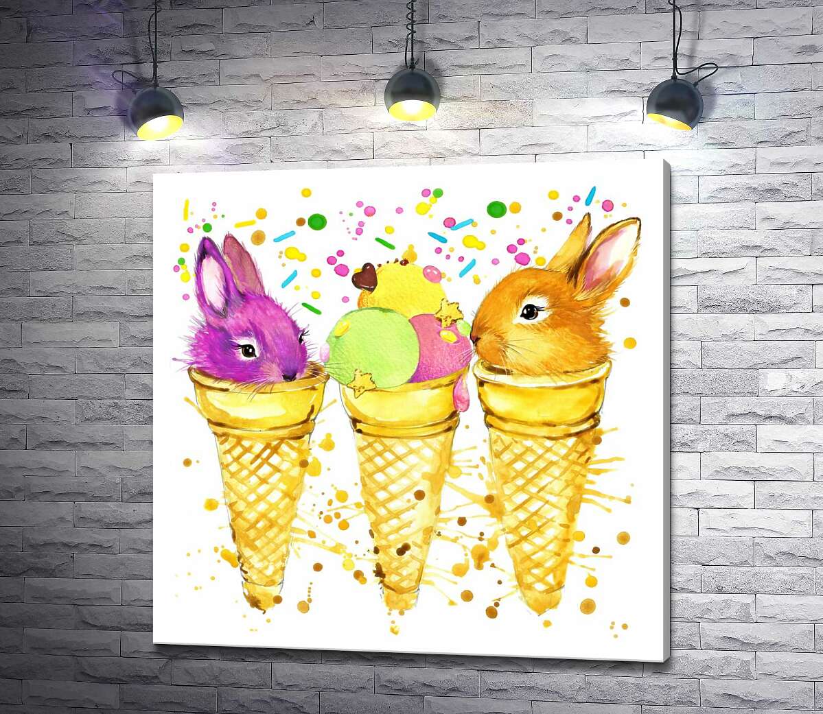 картина Кольорові голівки зайчиків виглядають з ріжків морозива