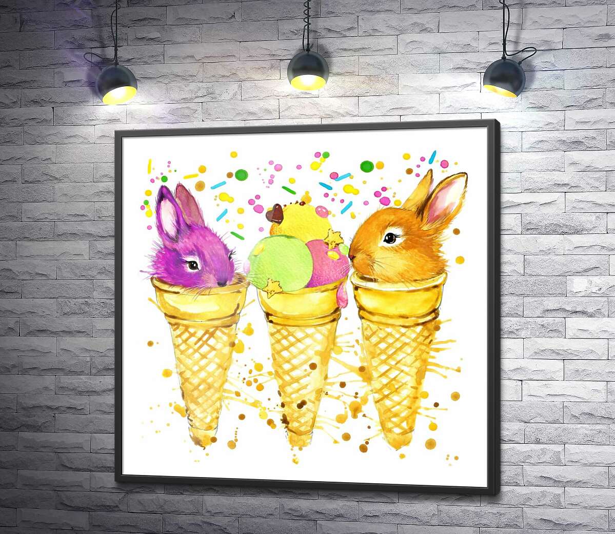 постер Цветные головки зайчиков выглядывают из конусов мороженого