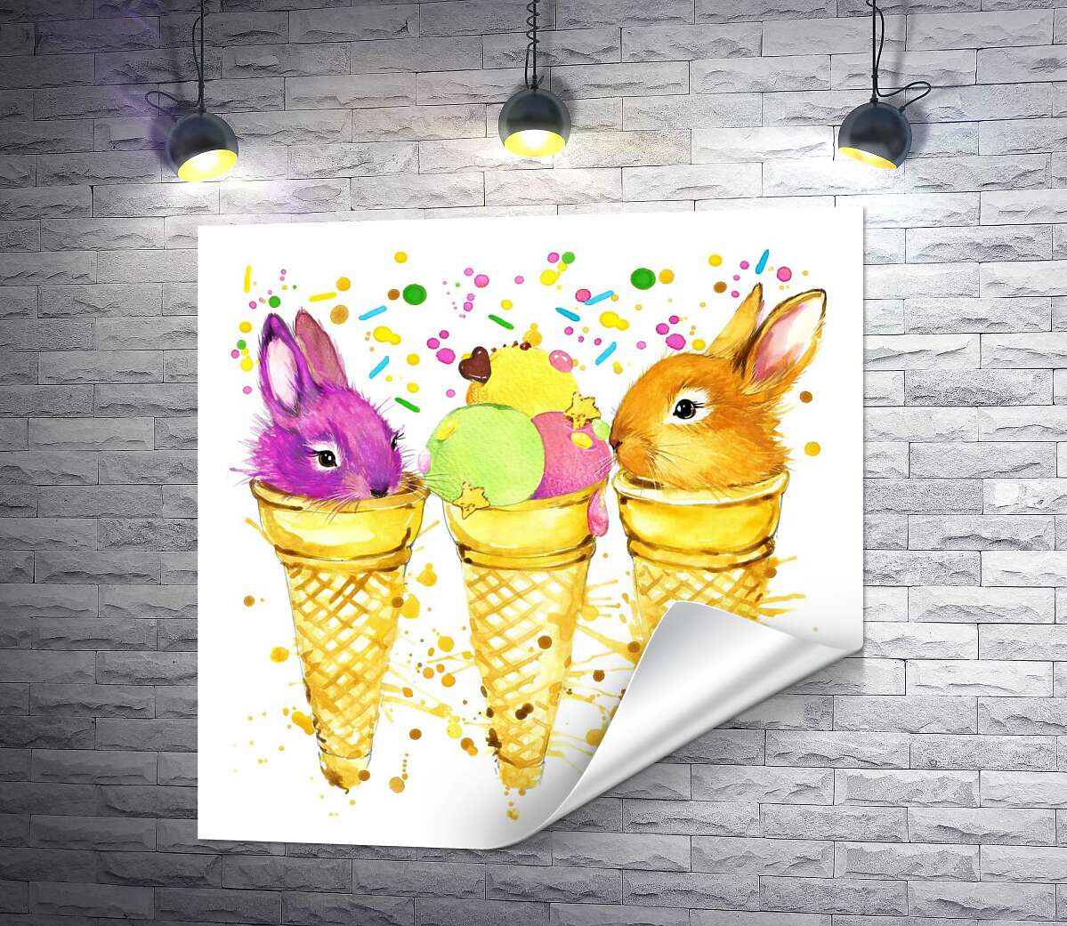 печать Цветные головки зайчиков выглядывают из конусов мороженого