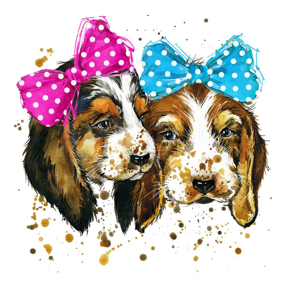 картина-постер Два милых щенка бигля с бантиками на голове