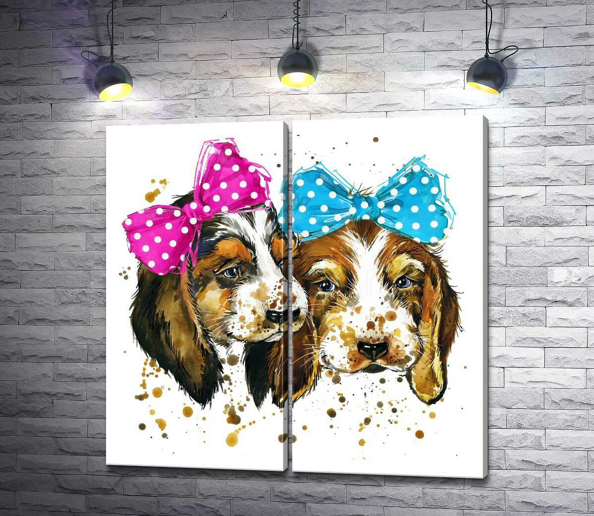 модульная картина Два милых щенка бигля с бантиками на голове